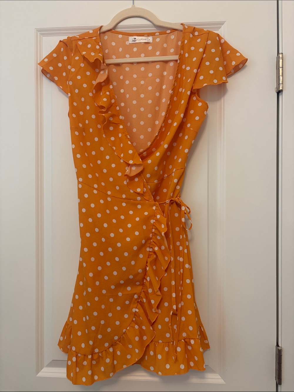 Cupshe Yelllow/Orange Polka Dot Ruffle Wrap Dress